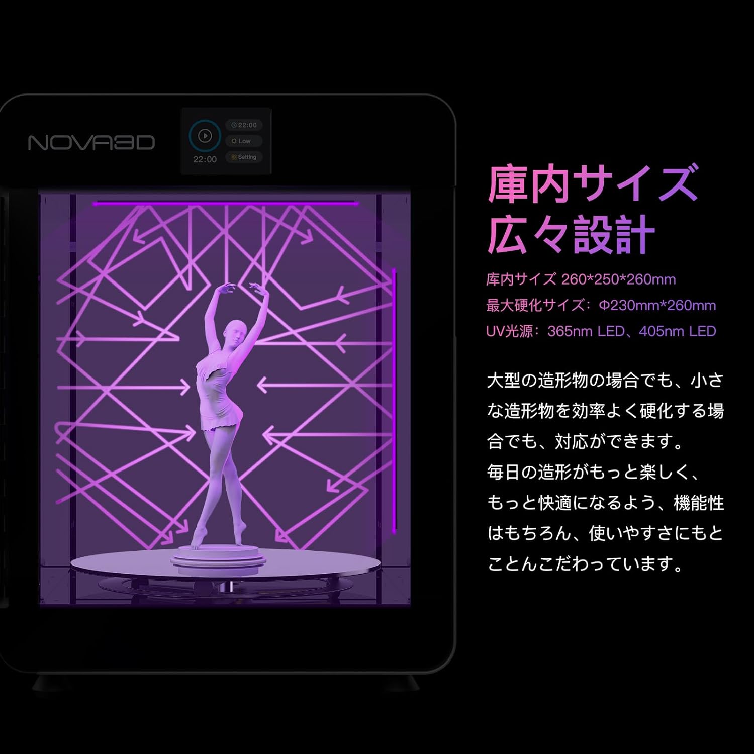 NOVA3D FastCure2 SE 二次硬化機 超大硬化サイズ250*200*260mm 波長365nm-405nm 2.8インチタッチパネル+24個のUVライト付き ハイパワー 高速硬化 後処理用 プロ